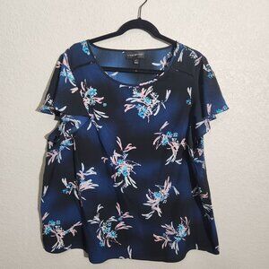 Lane Bryant Womens Navy Floral Short Sleeve Blouse Size 18 Polyester Lightweight